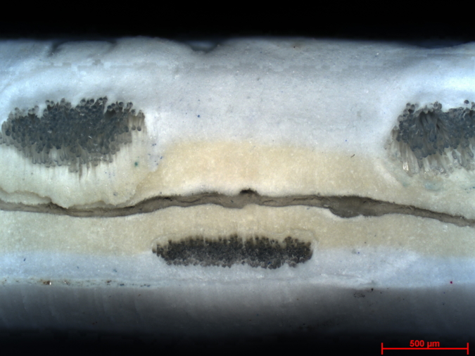 HF-Schweißnaht-Querschnitt , PP-beschichtetes PES-Gewebe mit Hotmelt-Folie │© ITM